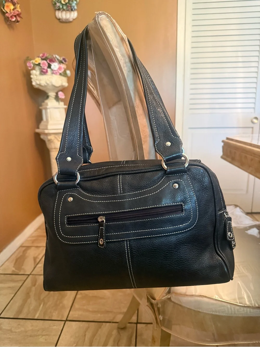 Tignanello Black Shoulder Bag with White Contrast Stitching.